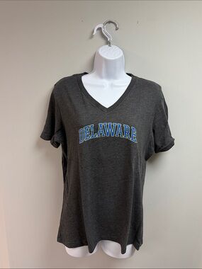 NEW-Delaware Woman’s V-Neck Tee with Blue & Gold Logo